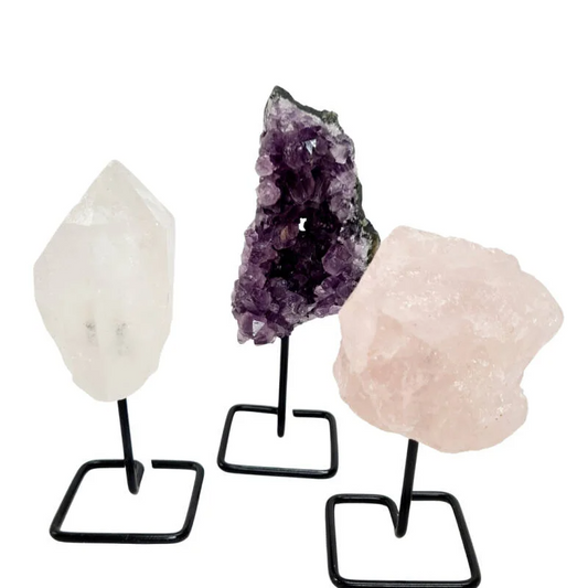 Gouden driehoek (Amethist, Rozenkwarts, Bergkristal) "Ruwe stenen op Pins"